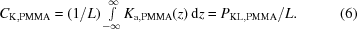 [C_{\rm{K,PMMA}}=(1/L)\textstyle\int\limits_{-\infty}^\infty K_{\rm{a,PMMA}}(z)\,{\rm{d}}z=P_{\rm{KL,PMMA}}/L.\eqno(6)]