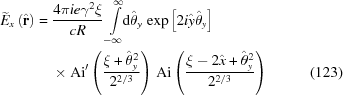[\eqalignno{ \widetilde{E}_{x}\left({\hat{\bf{r}}}\right)= {}& {{4\pi ie\gamma^2\xi}\over{cR}} \int\limits_{-\infty}^{\infty}\!\!{\rm{d}}\hat{\theta}_y \, \exp\left[2i\hat{y}\hat{\theta}_y\right] \cr& \times {\rm{Ai}}'\left({{\xi+\hat{\theta}_y^2}\over{2^{2/3}}}\right) \, {\rm{Ai}}\left({{\xi-2\hat{x}+\hat{\theta}_y^2}\over{2^{2/3}}} \right) &(123)}]