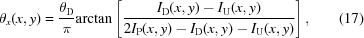 [{\theta_x}（x，y）={{\theta{\rm{D}}}\over\pi}{\rm{arctan}}\left[{{{I_{rm{D{}}（x，y）-{I_}\rm{U}}U}}}（x，y）}}}\右]，\等号（17）]