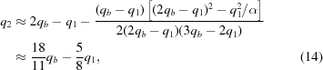 [\eqalignno{ q_2 & \approx 2q_b-q_1 - {{(q_b-q_1)\left[(2q_b-q_1)^2-q_1^2/\alpha\right]}\over{2(2q_b-q_1)(3q_b-2q_1)}} \cr& \approx {{18}\over{11}}q_b-{{5}\over{8}}q_1, &(14)}]