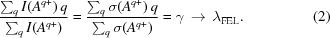 [{{\sum _{q}{I(A^{{q+}})\,q}}\over{\sum_{q}{I(A^{{q+}})}}} = {{\sum_{q}{\sigma(A^{{q+}})\,q}}\over{\sum_{q}{\sigma(A^{{q+}})}}} = \gamma\,\rightarrow\,\lambda_{\rm{FEL}}.\eqno(2)]