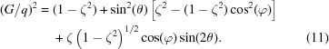 [\eqalignno{ (G/q)^2 = {}& (1-\zeta^{2}) + \sin^{2}(\theta) \left [\zeta^{2} - (1 - \zeta^{2})\cos^{2}(\varphi) \right] \cr& +\zeta\left(1 - \zeta^{2}\right)^{1/2}\cos(\varphi)\sin(2\theta).&(11)}]