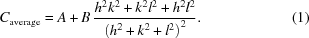 [C_{\rm{average}} = A + B\,{{ {h^2}{k^2}+{k^2}{l^2}+{h^2}{l^2} }\over{ {{\left({{h^2}+{k^2}+{l^2}}\right)}^2} }}. \eqno(1)]
