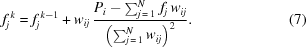 [f_j^{\,k} = f_j^{\,k-1} + {w_{ij}}\, {{ P_i- \textstyle\sum_{j\,=\,1}^N \,f_j\,w_{ij} }\over{ \left(\textstyle\sum_{j\,=\,1}^N w_{ij} \right)^2 }}.\eqno(7)]