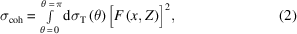 [\sigma_{\rm{coh}} = \textstyle\int\limits_{\theta\,=\,0}^{\theta\,=\,\pi } {\rm{d}}\sigma_{\rm{T}}\left(\theta\right) {\big[{F\left({x,Z}\right)}\big]^2}, \eqno(2)]
