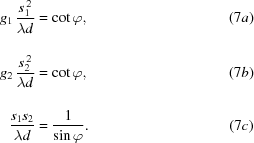 [\eqalignno{ g_1\,{{s_1^{\,2}}\over{\lambda{d}_{\vphantom{\big|}}}} & = \cot\varphi, & (7a) \cr g_2\,{{s_2^{\,2}}\over{\lambda{d}_{\vphantom{\big|}}}} & = \cot\varphi, & (7b) \cr {{s_1s_2}\over{\lambda{d}}} & = {{1}\over{\sin\varphi}}. & (7c) }]