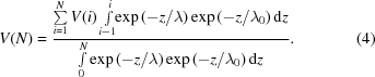 [V(N) = {{\mathop \sum \limits_{i = 1}^N V(i)\mathop \int \limits_{i - 1}^i \!\!{\exp{( - z/\lambda })}\,{\exp{( - z/{\lambda _0}})}\,{\rm d}z} \over {\mathop \int \limits_0^N {\exp{( - z/\lambda })}\,{\exp{( - z/{\lambda _0}})}\,{\rm d}z}}. \eqno(4)]