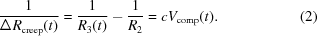 [{1 \over {\Delta R_{\rm creep} (t)}} = {1 \over {R_3 (t)}} - {1 \over {R_2}} = c V_{\rm comp} (t) . \eqno(2)]