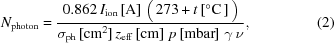 [N_{\rm{photon}} = {{ 0.862 \, I_{\rm{ion}} \,[{\rm{A}}] \,\, \big(\,273 + t \, [^\circ{\rm{C}}\,]\,\big) }\over{ \sigma_{\rm{ph}} \, [{\rm{cm}}^2] \, z_{\rm{eff}} \, [{\rm{cm}}] \,\, p \, [{\rm{mbar}}] \,\, \gamma \, \nu}} , \eqno(2)]