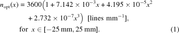 [\eqalignno{ n_{\rm opt}(x) = {}& 3600 \big( 1 + 7.142 \times {10}^{-3}x + 4.195 \times {10}^{-5}{x}^{2} \cr & + 2.732 \times {10}^{-7}{x}^{3}\big) \,\,\,[\rm lines\,\,mm^{-1}], \cr& \!\!\!\!\!\!{\rm{for}}\,\,\,x \in [-25\, {\rm mm}, 25\, {\rm mm}]. &(1)}]