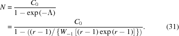 [\eqalignno{N = & \, {{C_0} \over {1 - \exp{(-\Lambda)}}} \cr = & \, {{C_0} \over {1 - \left ( (r - 1) / \left \{ W_{-1} \left [ (r - 1) \exp{(r - 1)} \right ] \right \}\right ) }} . &(31)}]
