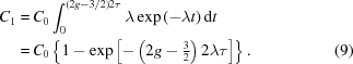 [\eqalignno{C_1 = & \, C_0 \int_{0}^{(2 g - 3/2) 2 \tau} \lambda \exp{(-\lambda t)} \, {\rm d}t \cr = & \, C_0 \left \{ 1 - \exp{\left [ - \left ( 2 g - {\textstyle{3 \over 2}} \right ) 2 \lambda \tau \right ]} \right \} . &(9)}]