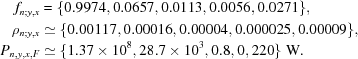 [\eqalign{ f_{n\semi y,x} & = \{0.9974,0.0657,0.0113,0.0056,0.0271\}, \cr \rho_{n\semi y,x} & \simeq \{0.00117,0.00016,0.00004,0.000025,0.00009\}, \cr P_{n,y,x,F} & \simeq \{1.37\times10^8, 28.7\times10^3, 0.8, 0, 220\}\,\,{\rm{W}}. } ]
