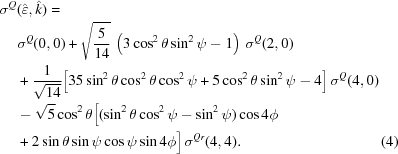 [\eqalignno{ \sigma^{Q}&(\hat{\varepsilon},\hat{k}) = \cr& \sigma^{Q}(0,0)+\sqrt{{{5}\over{14}}} \, \left(3\cos^{2}\theta\sin^{2}\psi-1\right)\,\sigma^{Q}(2,0) \cr& +{{1} \over { \sqrt{14} }} \big[35\sin^{2}\theta\cos^{2}\theta\cos^{2}\psi+5\cos^{2}\theta\sin^{2}\psi-4\big]\, \sigma^{Q}(4,0) \cr& -\sqrt{5} \cos^{2}\theta \big[(\sin^{2}\theta\cos^{2}\psi-\sin^{2}\psi)\cos 4\phi \cr& +2\sin\theta\sin\psi\cos\psi\sin 4\phi\big]\,\sigma^{{Qr}}(4,4). & (4)}]