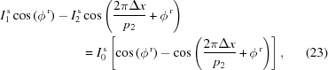 [\eqalignno{ I_1^{\,{\rm{s}}}\cos \left({{\phi ^{\,\rm{r}}}} \right) - I_2^{\,{\rm{s}}}&\cos \left({{{2\pi \Delta x} \over {{p_2}}} + {\phi ^{\,\rm{r}}}} \right) \cr& = I_0^{\,{\rm{s}}}\left [{\cos \left({{\phi ^{\,\rm{r}}}} \right) - \cos \left({{{2\pi \Delta x} \over {{p_2}}} + {\phi ^{\,\rm{r}}}} \right)} \right], & (23)}]