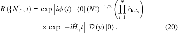 [\eqalignno{ R\left(\left\{ N\right\},t\right) = {}& \exp\big[i\phi\left(t\right)\big]\left\langle 0\right|\left(N!\right)^{{-1/2}}\left(\prod _{{i = 1}}^{{N}}\hat{c}_{{{\bf k}_{{i}}\lambda _{{i}}}}\right) \cr& \times \exp\left[-i\hat{H}_{{{\gamma}}}t\right]\, {\cal D}\left(y\right)\left|0\right\rangle. &(20)}]