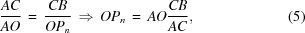 [{{AC} \over {AO}} \,=\, {{CB} \over {OP_{n}}}\,\Rightarrow\, OP_{n} \,=\, AO{{CB} \over {AC}}, \eqno(5)]