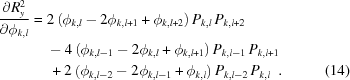 [\eqalignno{ {{\partial R_{y}^{2}} \over {\partial\phi_{{k,l}}}} = {}& 2\left(\phi_{{k,l}}-2\phi_{{k,l+1}}+\phi _{{k,l+2}}\right) P_{{k,l}}\,P_{{k,l+2}} \cr& -4\left(\phi _{{k,l-1}}-2\phi_{{k,l}}+\phi_{{k,l+1}}\right) P_{{k,l-1}}\,P_{{k,l+1}} \cr&\,+2\left(\phi_{{k,l-2}}-2\phi_{{k,l-1}}+\phi _{{k,l}}\right) P_{{k,l-2}}\,P_{{k,l}}\,\,\,. &(14)}]