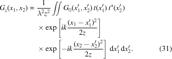 [\eqalignno{ {G_z}({x_1},{x_2}) = {}& {1\over{{\lambda^2}{z^2}}} \int\!\!\!\int {G_0}(x_1^{\prime},x_2^{\prime}) \, t(x_1^{\prime}) \, {t^*}(x_2^{\prime}) \cr& \times \exp\left[ik{{({x_1}-x_1^{\prime})^2}\over{2z}}\right] \cr& \times \exp\left[-ik{{({x_2}-x_2^{\prime})^2}\over{2z}}\right] \,{\rm{d}}x_1^{\prime}\,{\rm{d}}x_2^{\prime}. &(31)}]