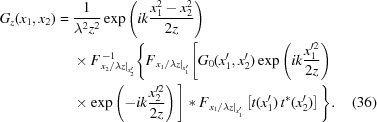 [\eqalignno{ {G_z}({x_1},{x_2}) = {}& {1\over{{\lambda^2}{z^2}}} \exp\left(ik{{x_1^2-x_2^2}\over{2z}}\right) \cr& \times F_{{{\left.{{{{x_2}}/{\lambda{z}}}}\right|}_{x_2^{\prime}}}}^{\,-1} \Bigg\{ F_{{{\left.{{{{x_1}}/{\lambda{z}}}}\right|}_{x_1^{\prime}}}} \Bigg[ {G_0}(x_1^{\prime},x_2^{\prime}) \exp\left(ik{{x_1^{\prime2}}\over{2z}}\right) \cr& \times \exp\left(-ik{{x_2^{\prime2}}\over{2z}}\right) \Bigg] * F_{{{\left.{{{{x_1}}/{\lambda{z}}}}\right|}_{x_1^{\prime}}}} \left[t(x_1^{\prime})\,{t^*}(x_2^{\prime})\right] \Bigg\}. & (36)}]