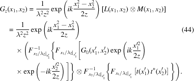 [\eqalignno{ {G_z}&({x_1},{x_2}) = {1\over{{\lambda^2}{z^2}}} \exp\left({ik{{x_1^2-x_2^2}\over{2z}}}\right) \left[{L({x_1},{x_2}) \otimes M({x_1},{x_2})}\right] \cr& = {1\over{{\lambda^2}{z^2}}} \exp\left({ik{{x_1^2-x_2^2}\over{2z}}}\right) &(44) \cr& \quad \times \Bigg( F_{{{\left.{{{{x_2}}/{\lambda{z}}}}\right|}_{x_2^{\prime}}}}^{\,-1} \Bigg\{ F_{{{\left.{{{{x_1}}/{\lambda{z}}}}\right|}_{x_1^{\prime}}}} \Bigg[ {G_0}(x_1^{\prime},x_2^{\prime}) \exp\left(ik{{x_1^{\prime2}}\over{2z}}\right) \cr& \quad \times \exp\left(-ik{{x_2^{\prime2}}\over{2z}}\right) \Bigg] \Bigg\} \otimes F_{{{\left.{{{{x_2}}/{\lambda{z}}}}\right|}_{x_2^{\prime}}}}^{\,-1} \Bigg\{ F_{{{\left.{{{{x_1}}/{\lambda{z}}}}\right|}_{x_1^{\prime}}}} \left[t(x_1^{\prime})\,{t^*}(x_2^{\prime})\right] \Bigg\} \Bigg).}]