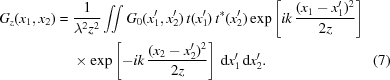 [\eqalignno{ G_z(x_1,x_2) = {}& {{1}\over{\lambda^2z^2}} \int\!\!\!\int G_0(x_1^{\prime},x_2^{\prime})\,t(x_1^{\prime})\,t^*(x_2^{\prime}) \exp\left[ik\,{{(x_1-x_1^{\prime})^2}\over{2z}}\right] \cr& \times\exp\left[-ik\,{{(x_2-x_2^{\prime})^2}\over{2z}}\right] \,{\rm{d}}x_1^{\prime}\,{\rm{d}}x_2^{\prime}. &(7)}]