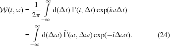 [\eqalignno{ {\cal W}(t,\omega) & = {{1}\over{2\pi}} \int\limits_{{-\infty}}^{{\infty}} {\rm{d}}(\Delta{t}) \ {\Gamma}(t,\Delta{t}) \exp(i\omega\Delta{t}) \cr& = \int\limits_{{-\infty}}^{{\infty}} {\rm{d}}(\Delta\omega) \ \widetilde{\Gamma}(\omega,\Delta\omega) \exp(-i\Delta\omega{t}). &(24)}]